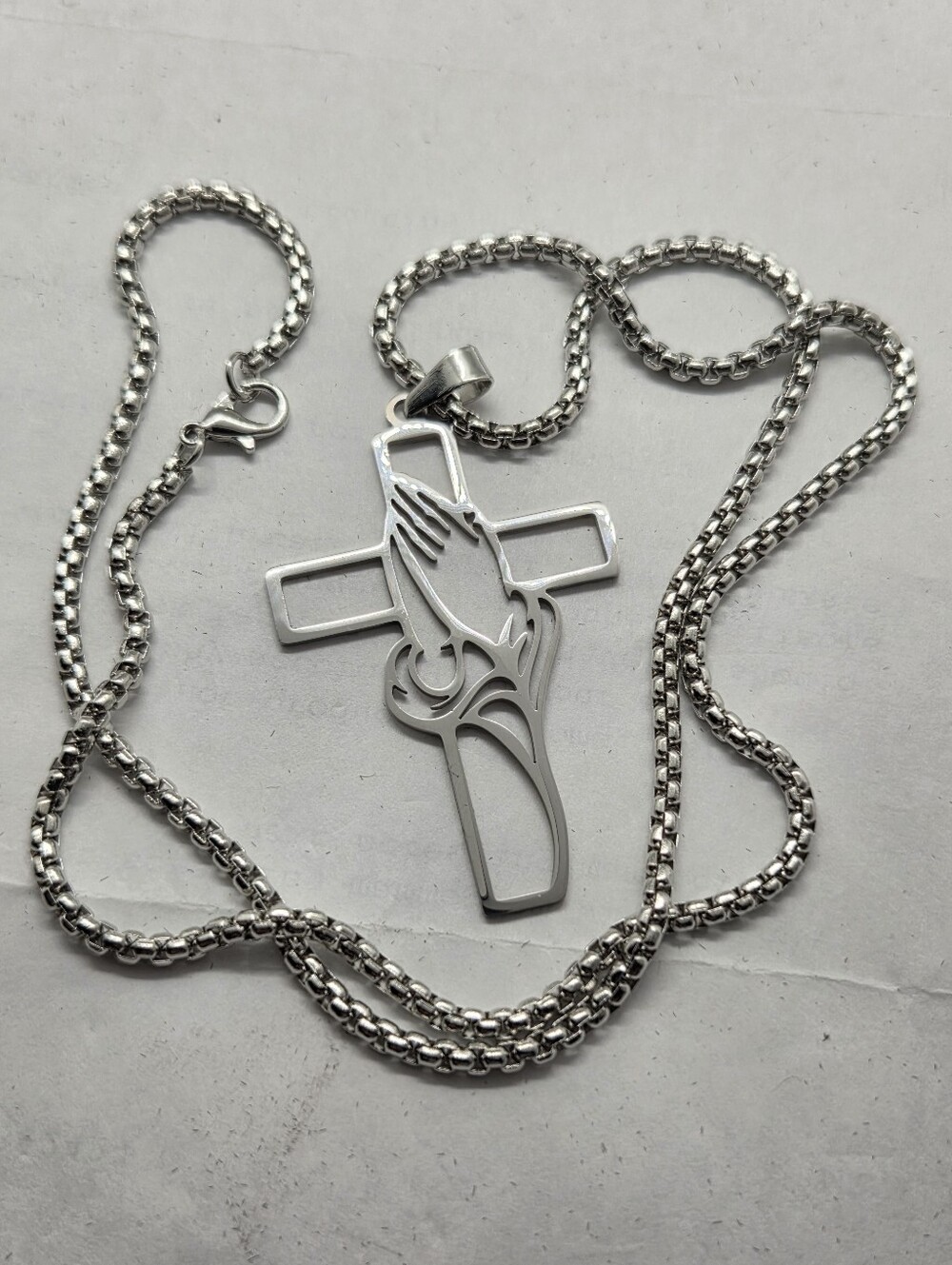 Silver Tone Cross Pendant Necklace with Praying Hands